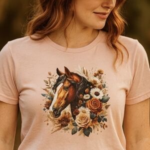 Horse Floral Graphic Tee • Western Cowgirl Shirt • Peach Boho Country Top